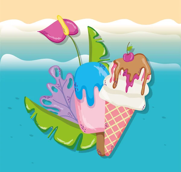 Tropical Beach Scenery Theme Ice Cream Elements Vector Illustration Graphic — Stock Vector
