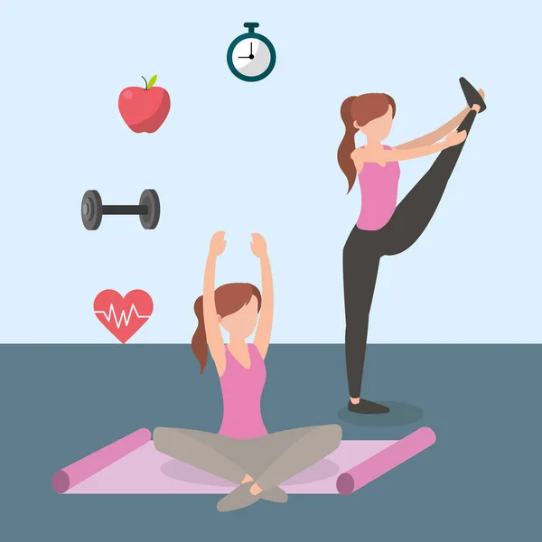 Junge Frauen Yoga Pose Mit Trainingsmatte Und Symbolen Karikatur — Stockvektor