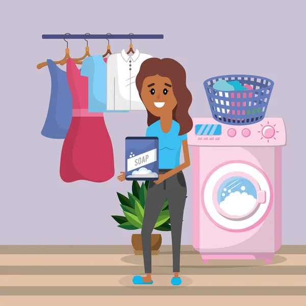 妇女在洗衣房与用具动画片向量例证图图表设计 — 图库矢量图片
