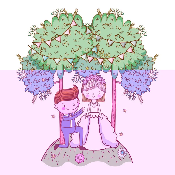 Pareja Boda Propuesta Naturaleza Paisaje Lindo Vector Dibujos Animados Ilustración — Vector de stock