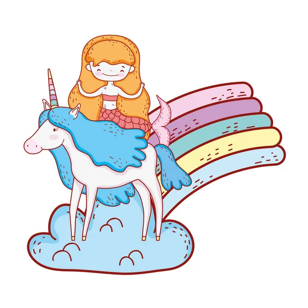 Putri Duyung Dengan Unicorn Dan Pelangi Awan Vektor Desain Ilustrasi - Stok Vektor