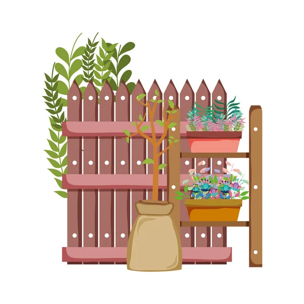 Regal Garten Und Zaun Mit Zimmerpflanzen Vektor Illustration Design — Stockvektor