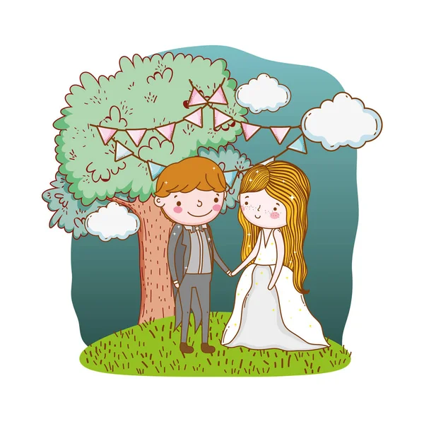 Coppia Matrimonio Carino Cartone Animato Foresta Con Alberi Vettoriale Illustrazione — Vettoriale Stock