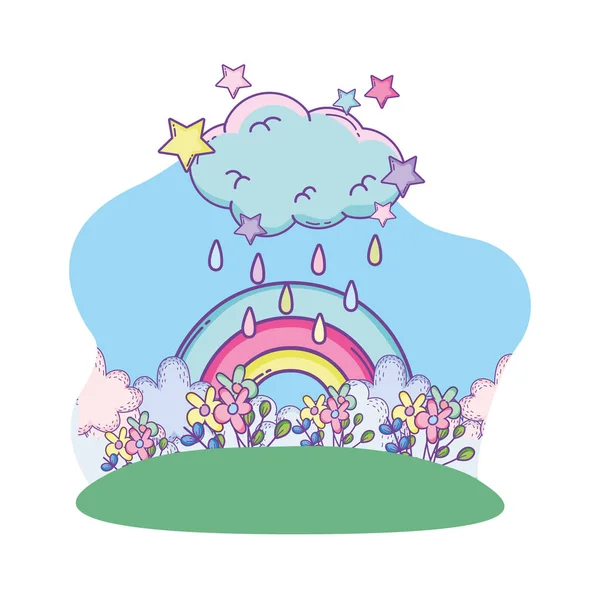 Lindo Paisaje Con Nubes Arco Iris Vector Dibujos Animados Ilustración — Vector de stock