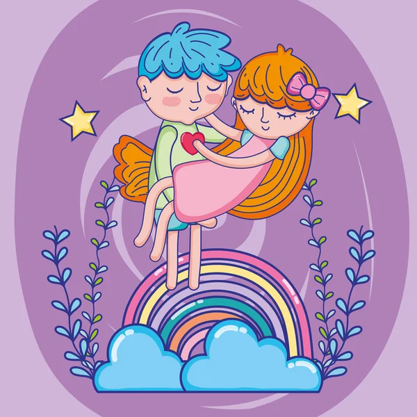 Niño Niña Enamorados Las Nubes Con Dibujos Animados Arco Iris — Vector de stock