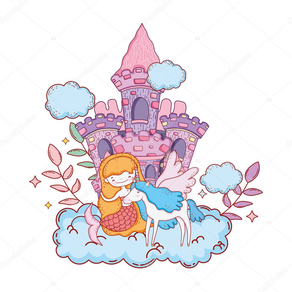 mermaid with unicorn and castle in cloud vector illustration design