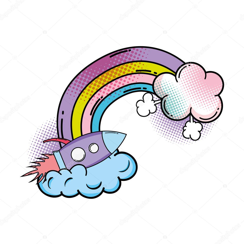 rocket flying with rainbow pop art style vector illustration design