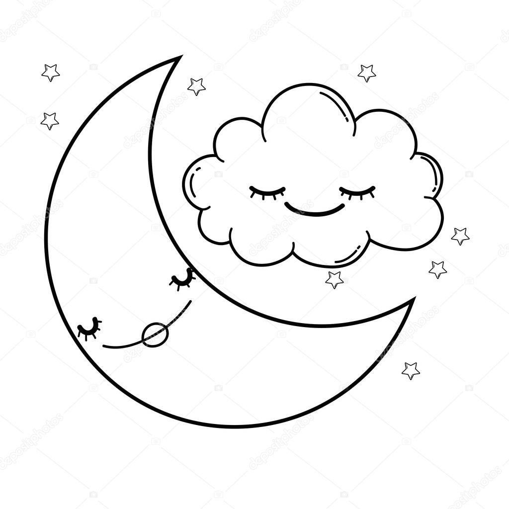 Clouds and moon smiling with stars cute cartoons vector illustration graphic design