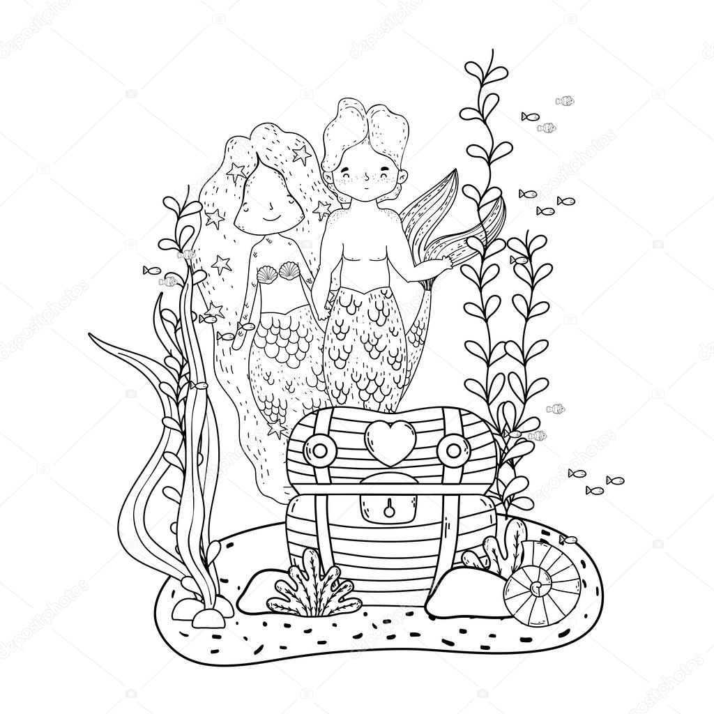 couple mermaids with treasure chest undersea vector illustration design