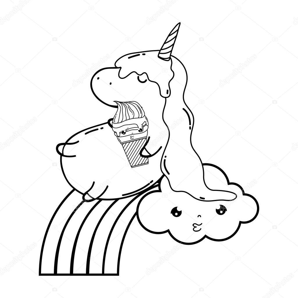 cute unicorn with clouds and rainbow kawaii vector illustration design