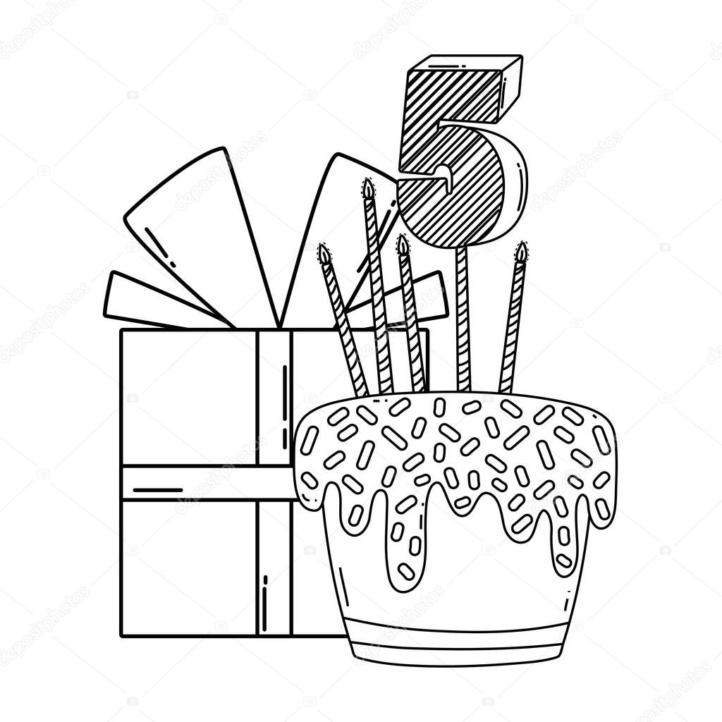 Birthday gift box and cake with number five cute cartoons vector illustration graphic design