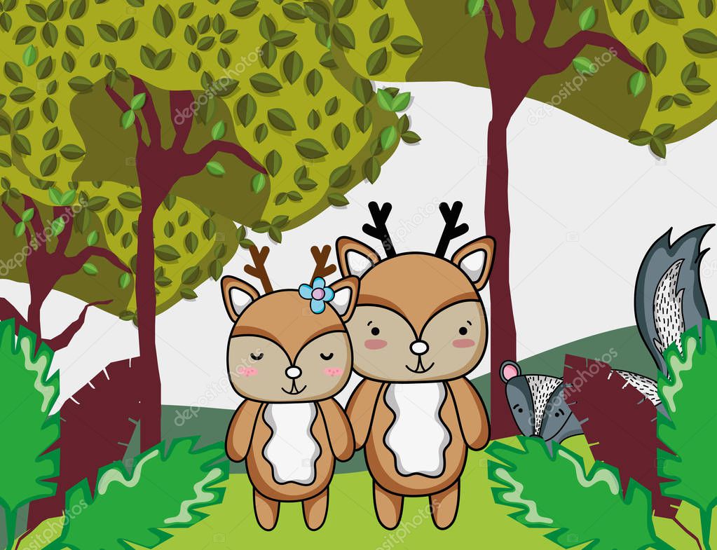 cute reindeers family at forest cartoons vector illustration graphic design