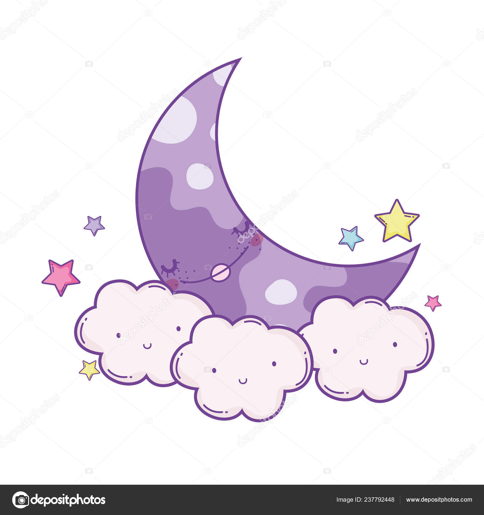 Kawaii Crescent Moon And Cloud Line Art - Desenhos Kawaii Para