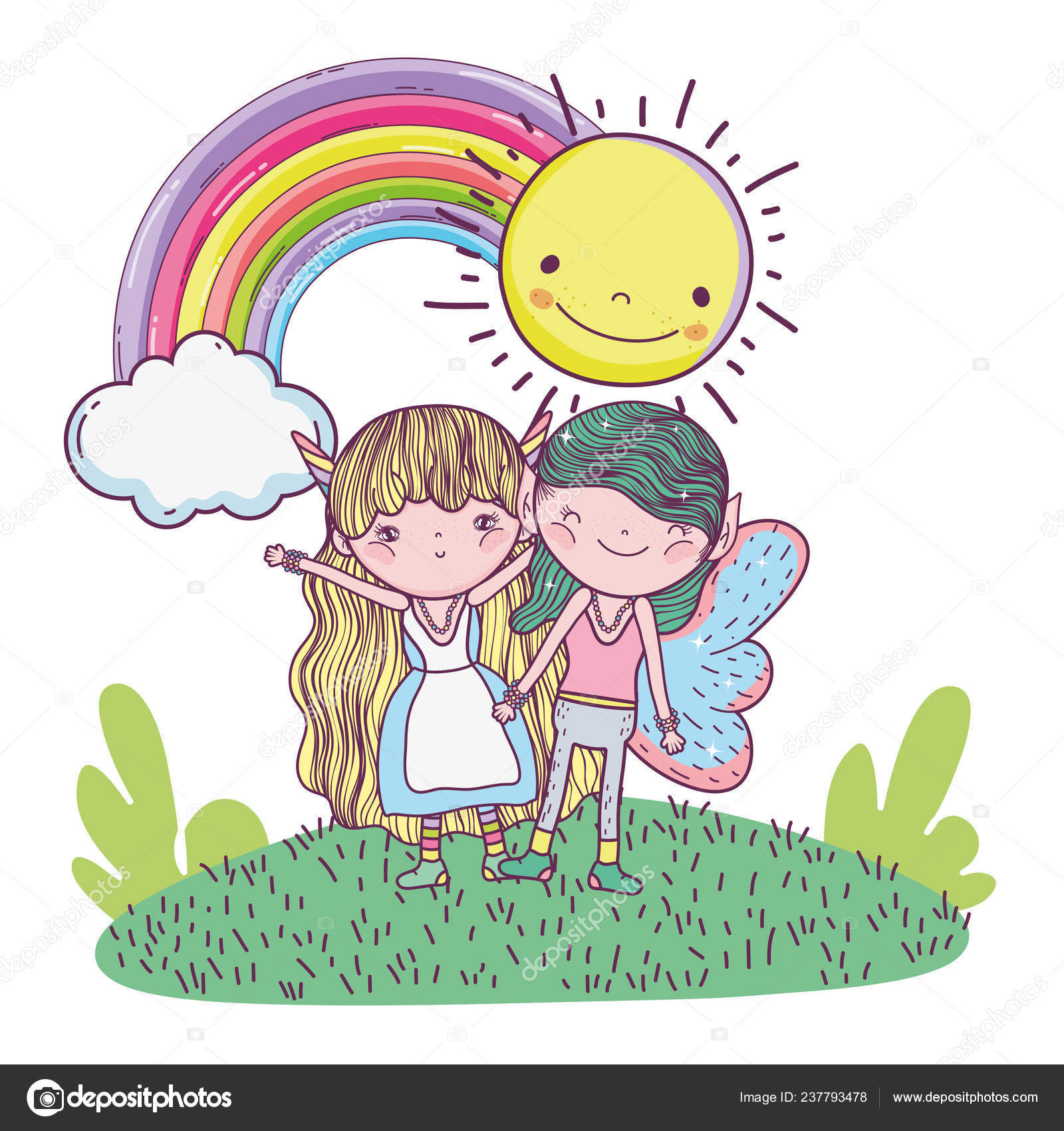かわいい小さな妖精カップル虹と Sun のベクトル イラスト デザイン