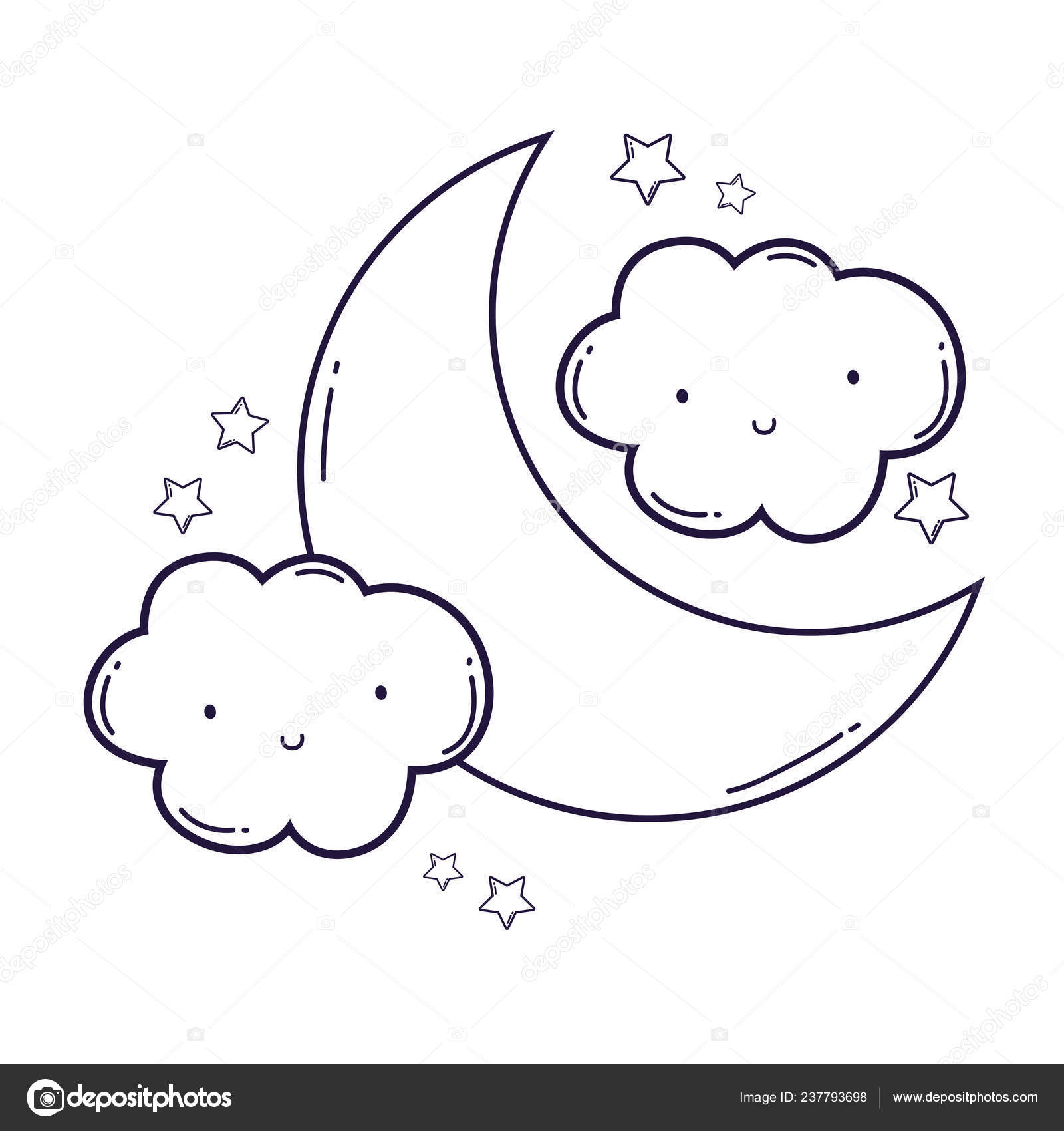 Nuvem de desenhos animados bonito, estrelas e lua sorridente. ilustração  aquarela desenhada à mão. Desenho pintado a aquarela . Ilustração por  ©K.Chumakova #132393114