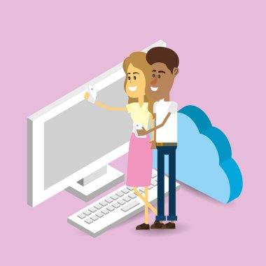 cep telefonlarında ve veri bulut depolama ağ karikatür tutan çift