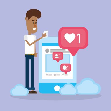 Genç adam akıllı telefon karikatürler üzerinden sosyal ağlarda vektör çizim grafik tasarım