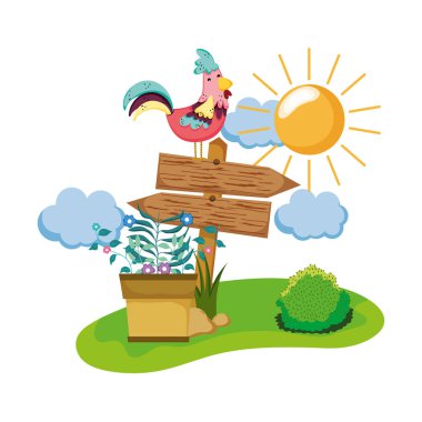 horoz ve houseplant Bahçe vektör tasarım ahşap ok