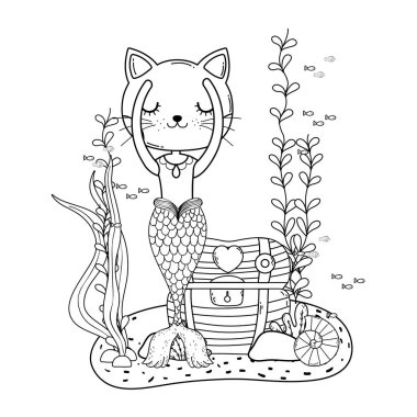 purrmaid hazine göğüs sualtı sahne vektör çizim tasarım ile