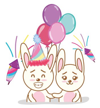 Doğum günü partisi ile sevimli tavşan çizgi film vektör çizim grafik tasarım