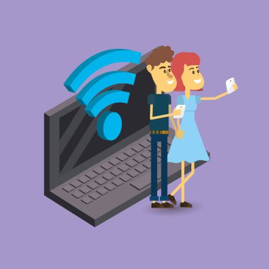 cep telefonu ve wifi simgesi karikatür tutan çift