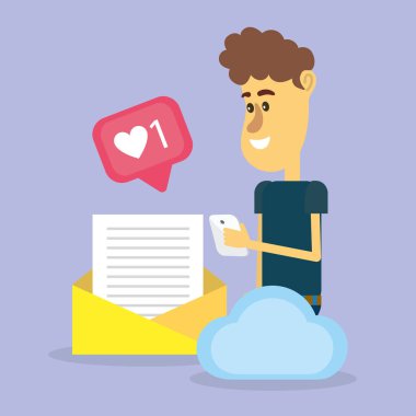 Genç adam akıllı telefon karikatürler üzerinden sosyal ağlarda