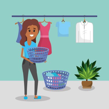 Çamaşır odası aletleri karikatür vektör çizim grafik tasarım ile kadın