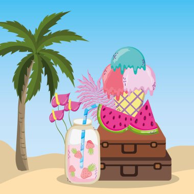 Tropikal plaj manzara tema meyve ve elemanları ile vektör çizim grafik tasarım