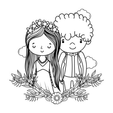 Çift düğün dekoratif çelenk doğa sevimli çizgi vektör çizim grafik tasarımı