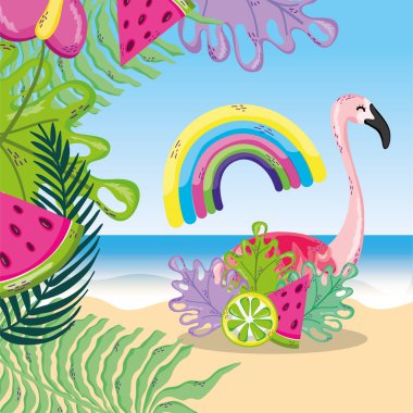 Tropikal plaj manzara tema kuş ve elemanları ile vektör çizim grafik tasarım