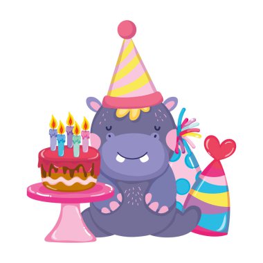 şirin ve küçük su aygırı karakteri ile parti şapka vektör çizim tasarım