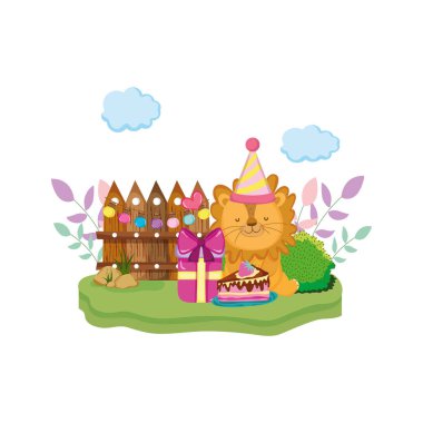 parti şapka vektör çizim tasarım ile şirin ve küçük aslan