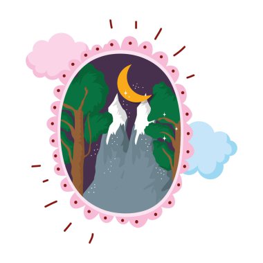 kar dağ dairesel çerçeve üzerinde gece vektör çizim ile manzara