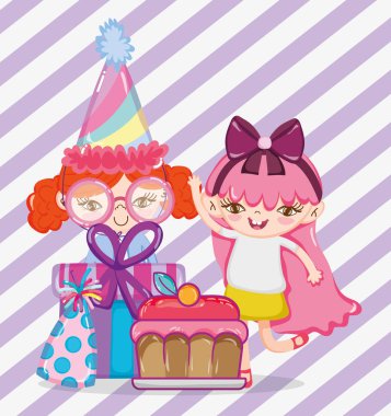 Kızlar ve şeker ile giftboxes parti çizgi film illüstrasyon grafik tasarım vektör Doğum