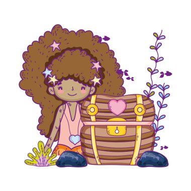 deniz kızı ile hazine göğüs sualtı sahne vektör çizim tasarım