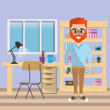 İş çalışan adam evde ofis karikatürler vektör çizim grafik tasarım