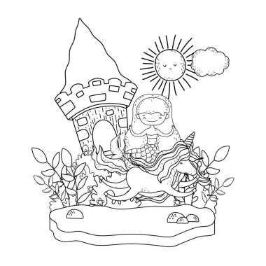 tek boynuzlu at ve peyzaj vektör çizim kalede deniz kızı