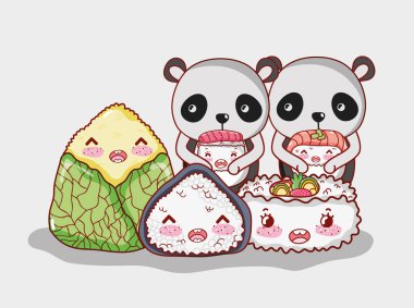 Suşi Asya gıda şirin kawaii vektör çizim grafik tasarım ile Panda ayılar