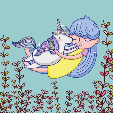 Tek boynuzlu at vektör çizim grafik tasarım etrafında sevimli çizgi film ile uçan kız hugs