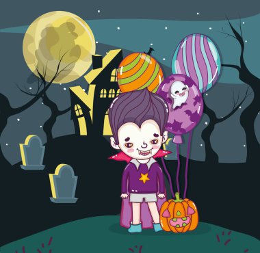 Cadılar Bayramı kutlama vampir çocuk gece karikatürler, vektör çizim grafik tasarım