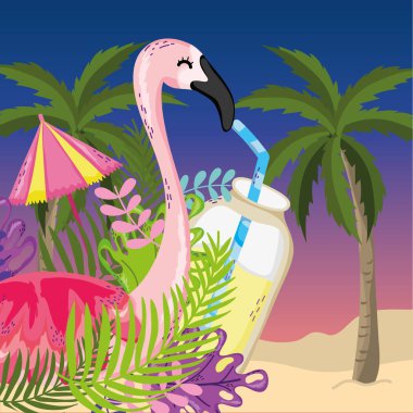 Tropikal plaj manzara tema kuş ve elemanları ile vektör çizim grafik tasarım