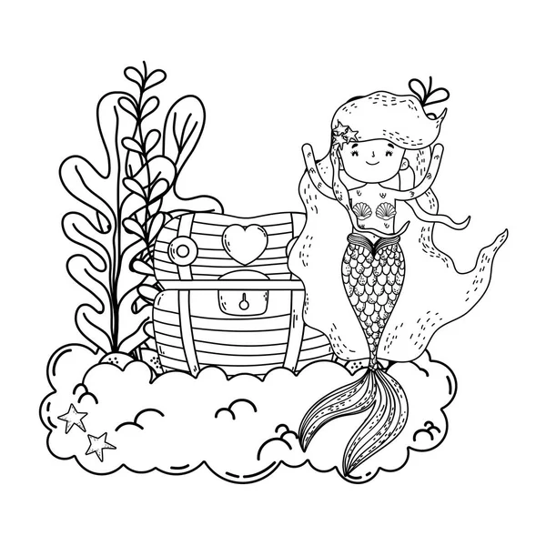 Meerjungfrau Mit Schatztruhe Unterwasser Szene Vektor Illustration Design — Stockvektor