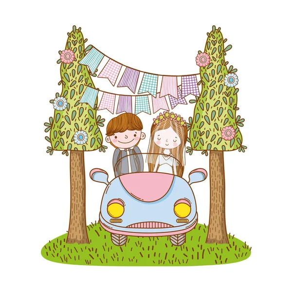 wedding couple marriage on vintage car at nature cute cartoon vector illustration graphic design