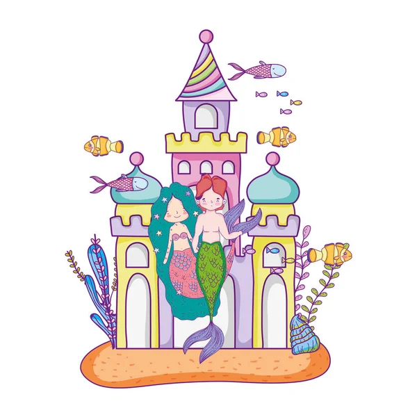 Couple Sirènes Avec Château Sous Marin Scène Vectoriel Illustration Design — Image vectorielle