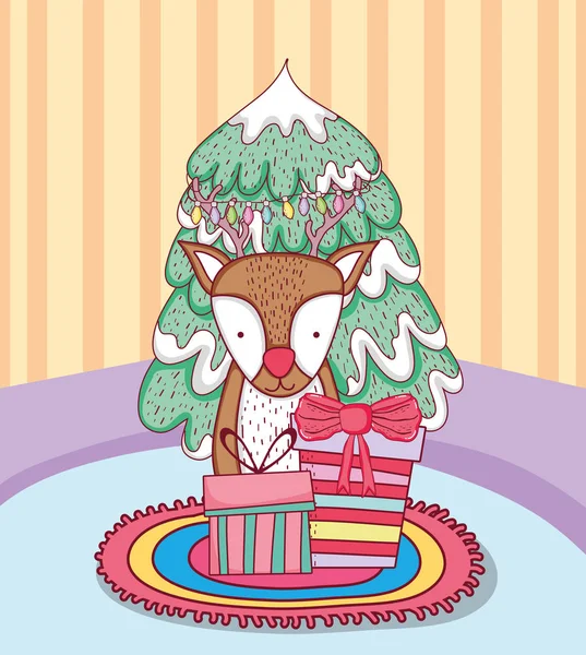 Árbol Navidad Feliz Con Renos Diseño Ilustración Vectorial Casa — Archivo Imágenes Vectoriales