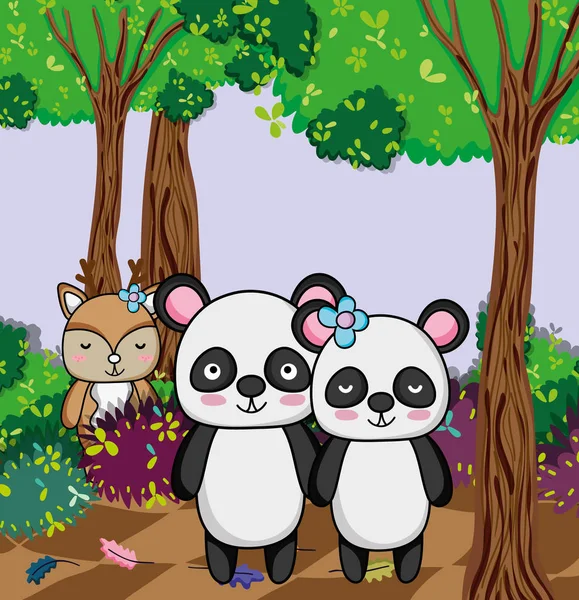 Schattige Panda Beer Rendieren Jungle Tekenfilms Vector Illustratie Grafisch Ontwerp — Stockvector