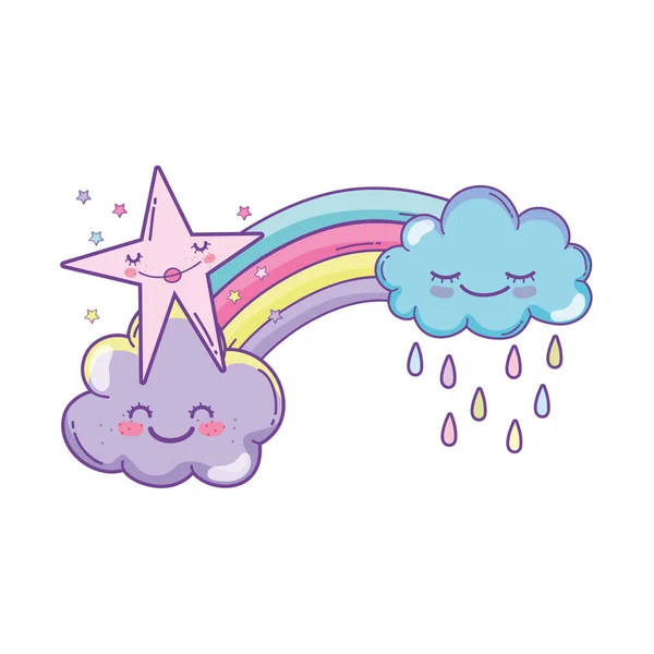 Bulutlar Yağmur Rainbow Yıldız Sevimli Çizgi Film Vektör Çizim Grafik — Stok Vektör