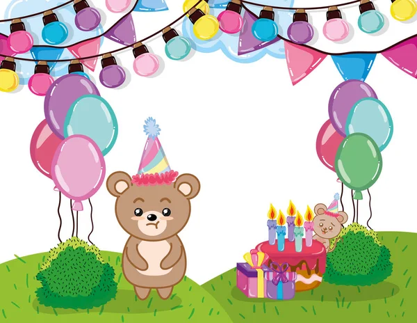 Festa Aniversário Com Bonito Urso Desenho Animado Vetor Ilustração Design — Vetor de Stock