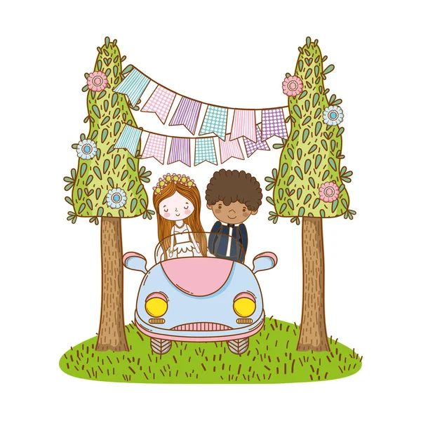 Mariage Couple Mariage Sur Voiture Vintage Nature Dessin Animé Mignon — Image vectorielle