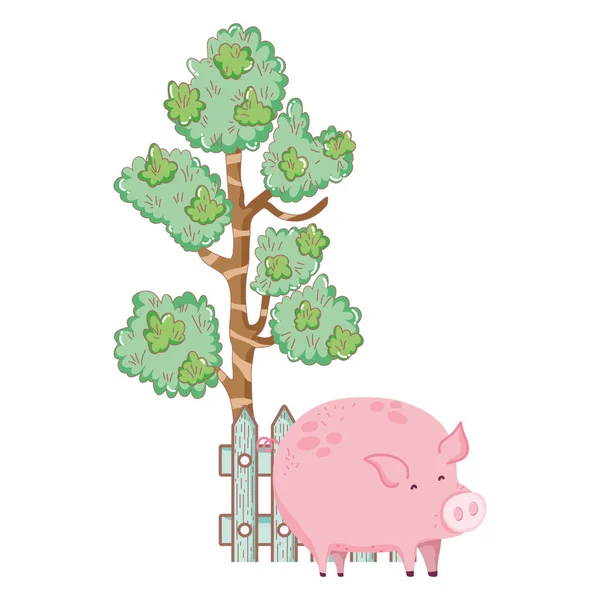 Peternakan Hewan Babi Dengan Pagar Dan Desain Gambar Vektor Pohon - Stok Vektor